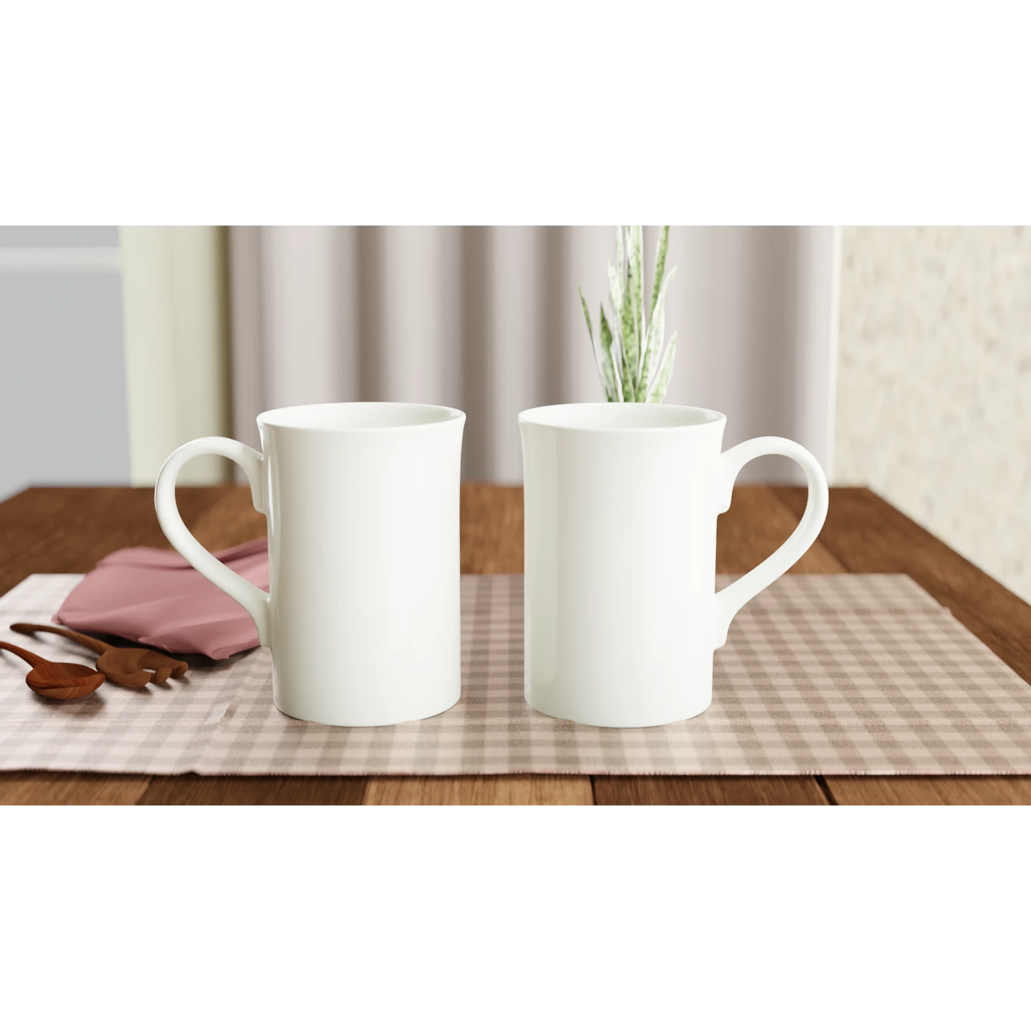 Zwei stilvolle, weiße Porzellantassen auf einem karierten Tischset, ideal für personalisierte Designs.