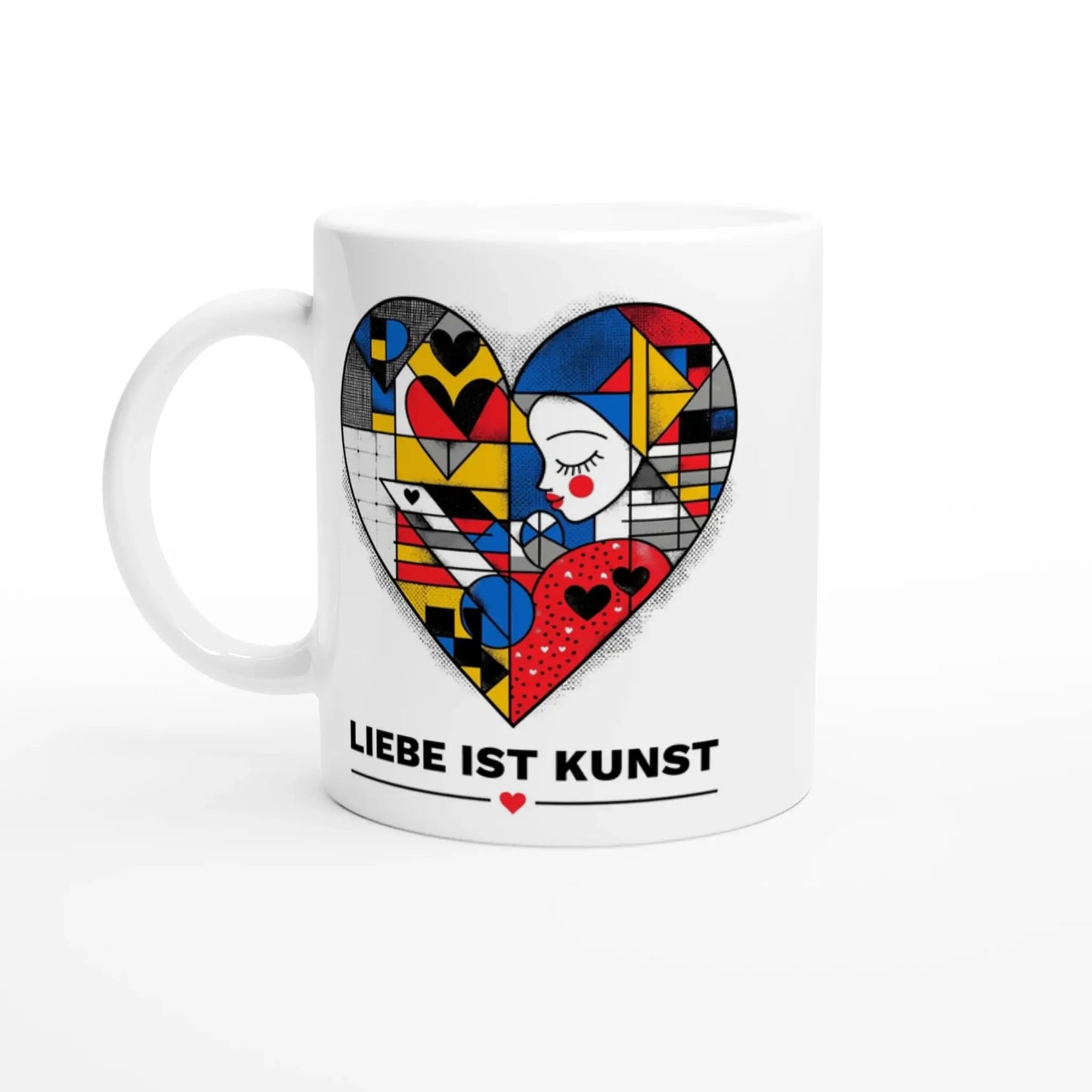 Die Tasse „Liebe ist Kunst“ von Tasse mit Herz besticht durch ein buntes, abstraktes Herzmotiv mit geometrischen Formen und Gesichtern sowie dem Schriftzug „LIEBE IST KUNST“. Ein kreatives Design-Geschenk für besondere Anlässe.