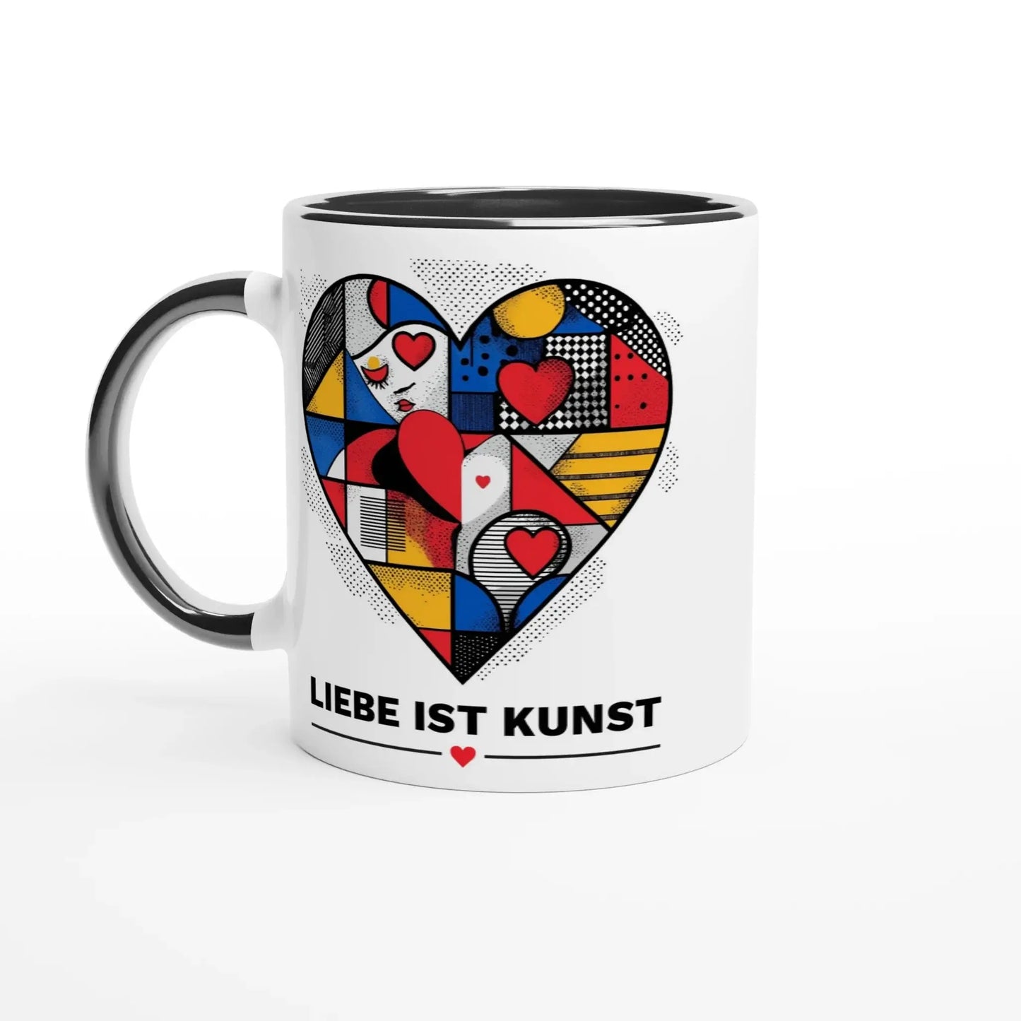 Die Tasse „Liebe ist Kunst“ von Tasse mit Herz präsentiert ein buntes, abstraktes Herzdesign mit roten Herzen und dem Spruch „LIEBE IST KUNST“ – das perfekte Design-Geschenk für Kunstliebhaber.
