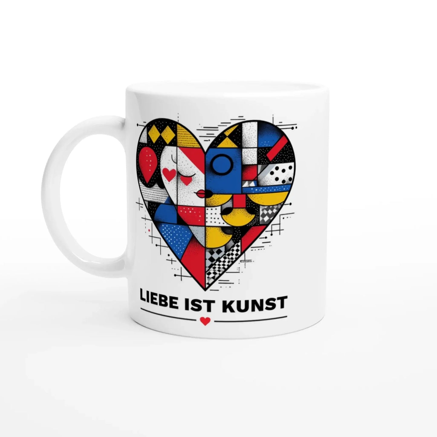 Die Tasse „Liebe ist Kunst“ von Tasse mit Herz zeigt ein kunstvolles buntes Herz und darunter in Schwarz „LIEBE IST KUNST“ mit kleinem roten Herz – ein kreatives Design-Geschenk für besondere Anlässe.