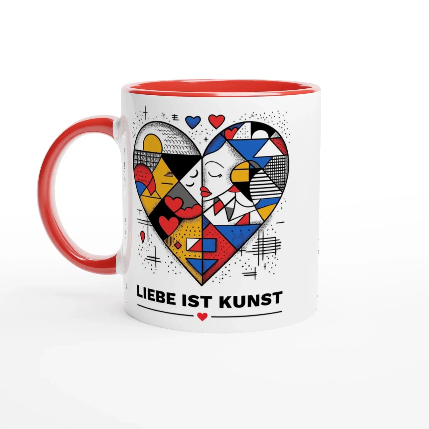 Die Tasse „Liebe ist Kunst“ von Tasse mit Herz ist ein weißer Becher mit rotem Henkel und Herzmotiv: Ein abstraktes Herz mit zwei Gesichtern, dazu der Schriftzug LIEBE IST KUNST – die Geschenkidee für Kunstfans.