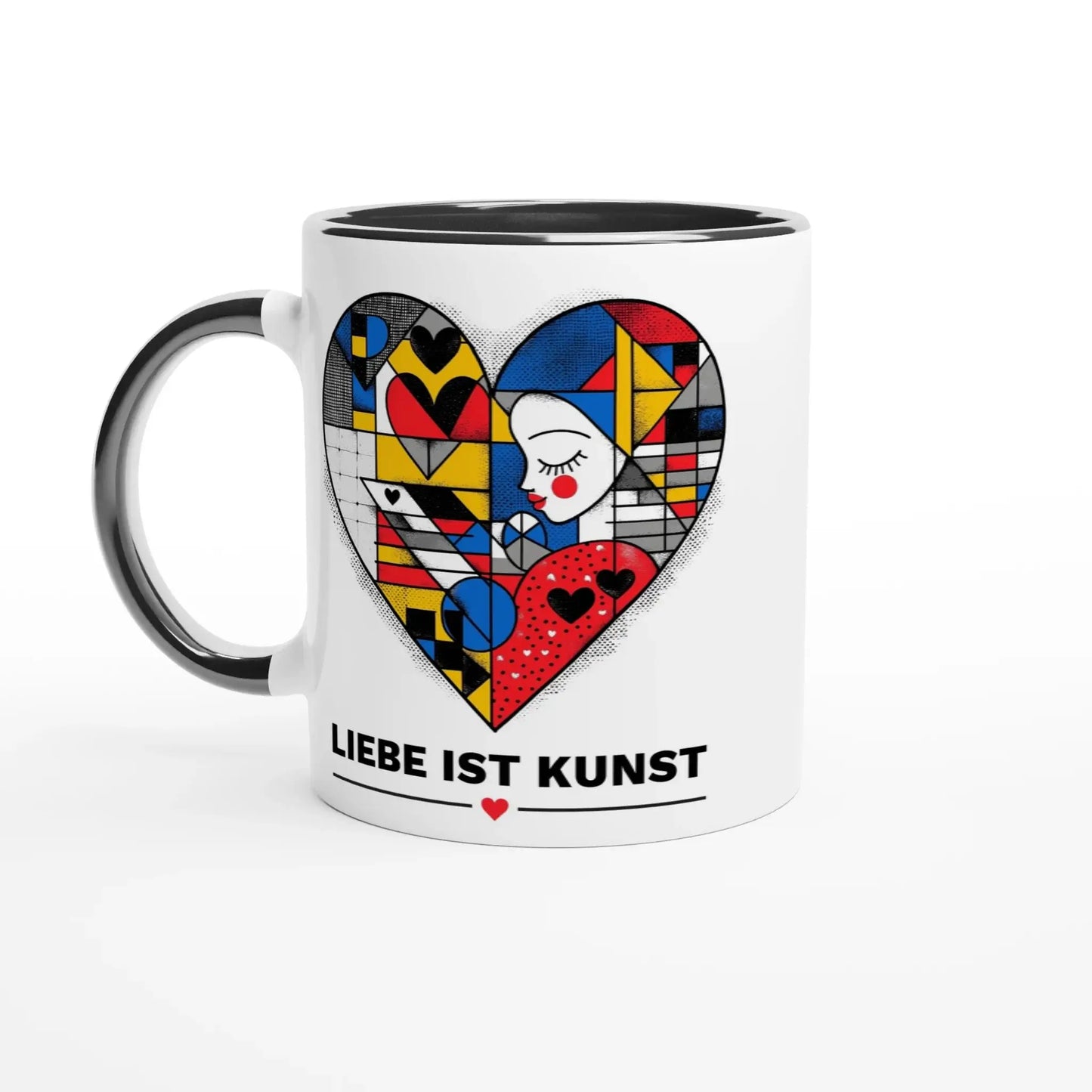 Die Tasse „Liebe ist Kunst“ von Tasse mit Herz ist ein stilvolles Design-Geschenk mit schwarzem Henkel, kunstvollem Herzmotiv und abstraktem Gesicht – ideal für Kunstliebhaber.