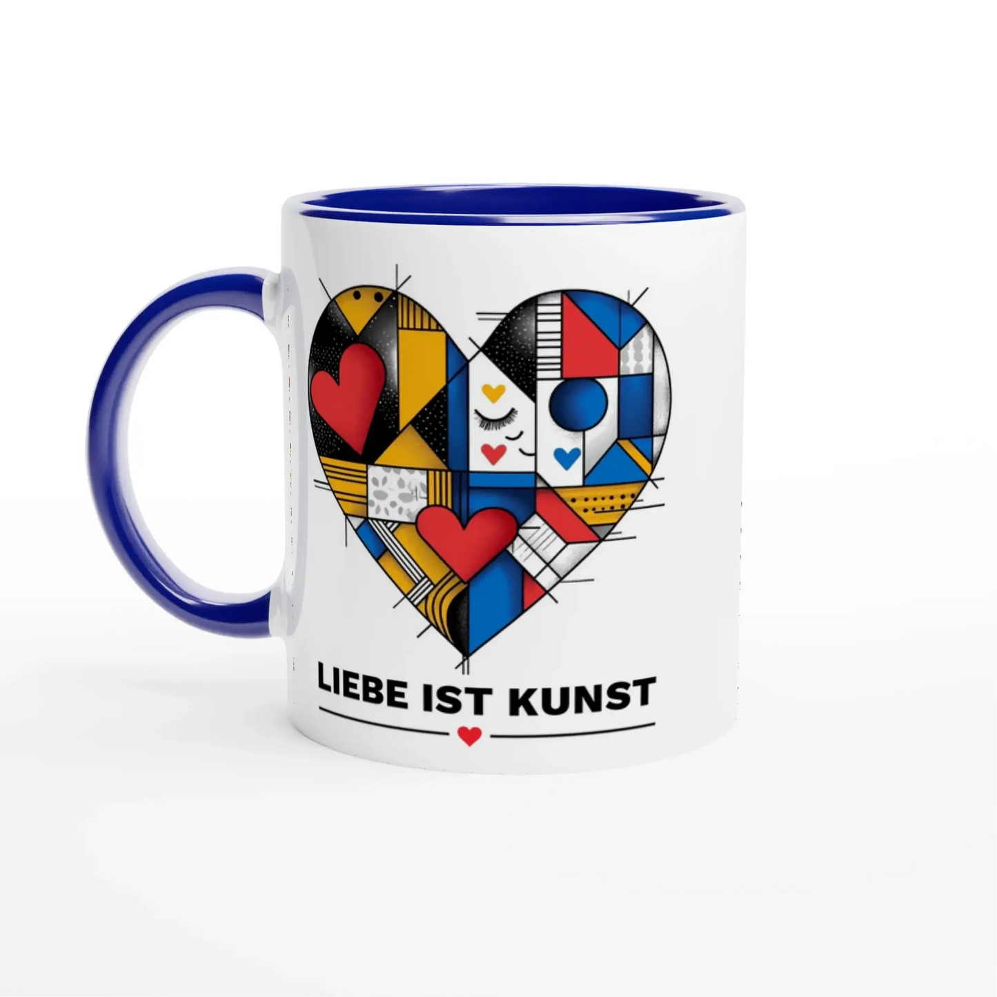 Die „Liebe ist Kunst“ Tasse von Tasse mit Herz begeistert mit kunstvollem, buntem Herzmotiv, zwei roten Herzen und dem Schriftzug „LIEBE IST KUNST“ – ein ideales Design-Geschenk für besondere Anlässe.
