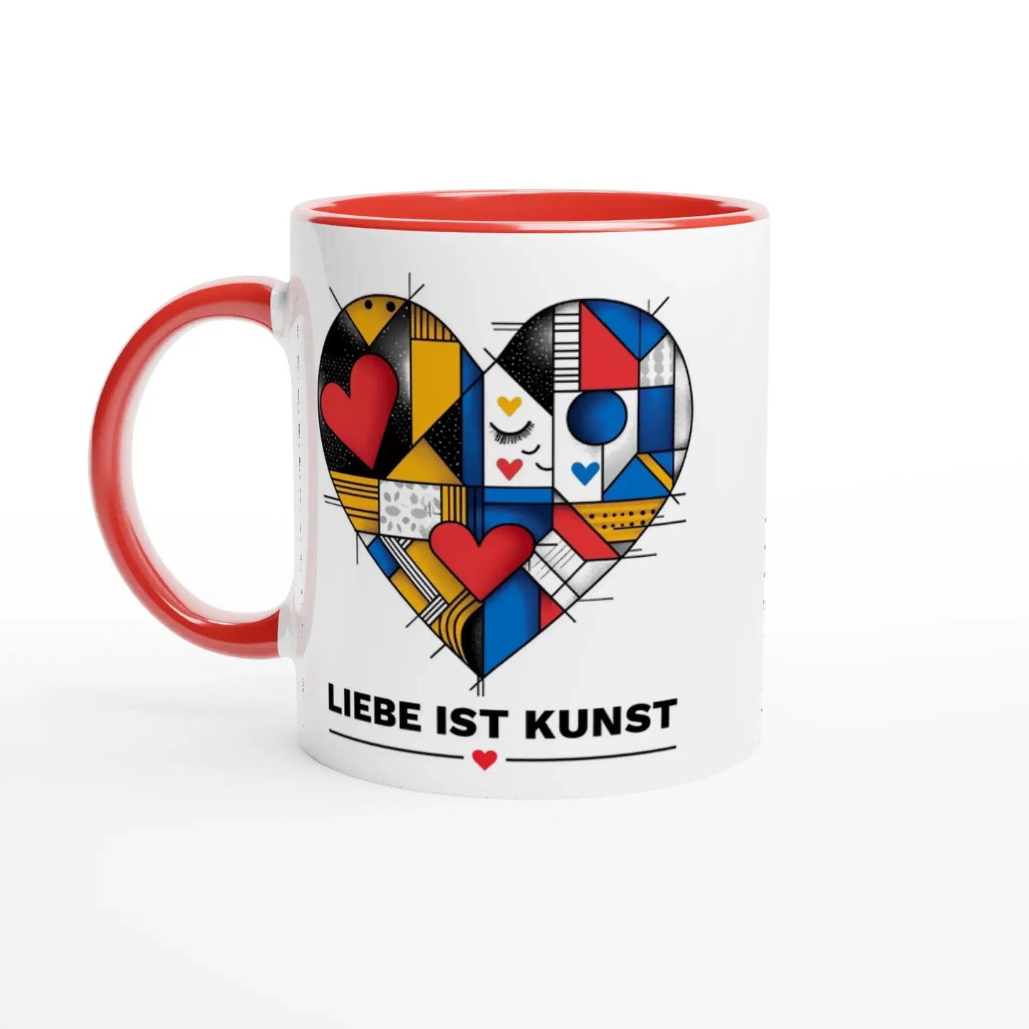 Die Tasse „Liebe ist Kunst“ von Tasse mit Herz zeigt ein farbenfrohes Herzmotiv, rote Details und den Schriftzug LIEBE IST KUNST – das ideale Design-Geschenk für besondere Anlässe.