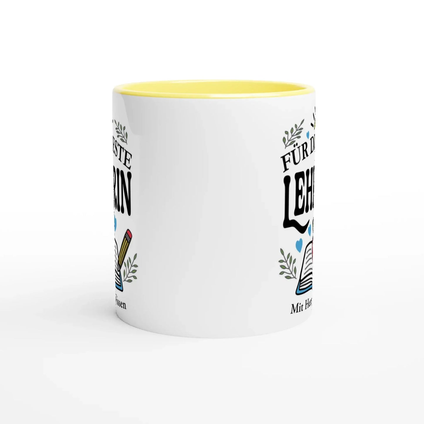 The Tasse mit Herz product, Tasse âFĂŒr die beste Lehrerinâ, features a ceramic build with a yellow interior and delightful illustrations of German text, pencil, hearts, and leaves. Its an ideal gift for the best teacher.