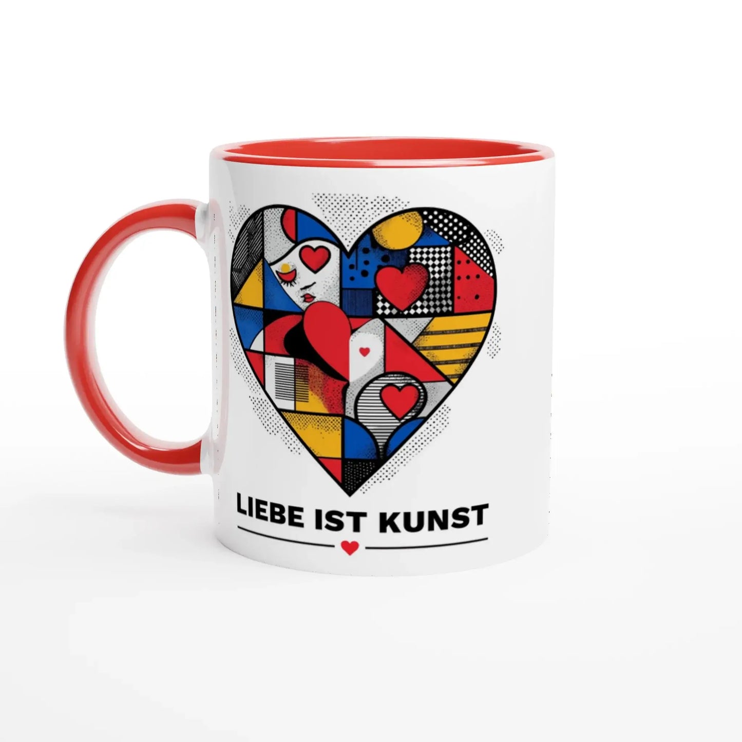 Die Tasse „Liebe ist Kunst“ von Tasse mit Herz besticht durch ein kunstvolles Herzmotiv aus bunten Formen und roten Herzen sowie dem Schriftzug „LIEBE IST KUNST“ – das perfekte Design-Geschenk!.