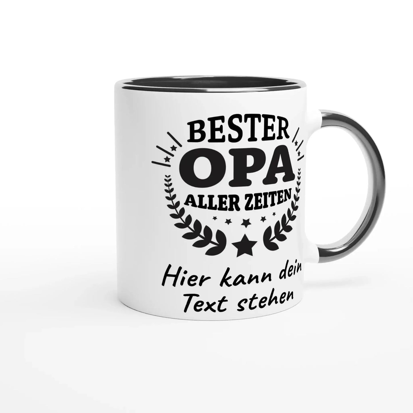 The 🏆 Tasse „Bester Opa aller Zeiten“ – Mit persönlicher Widmung from Tasse mit Herz is a white mug featuring black text and designs, with Bester Opa aller Zeiten, laurel leaves, stars, an option for customization, and a black handle and interior. Perfect as a personalized gift.
