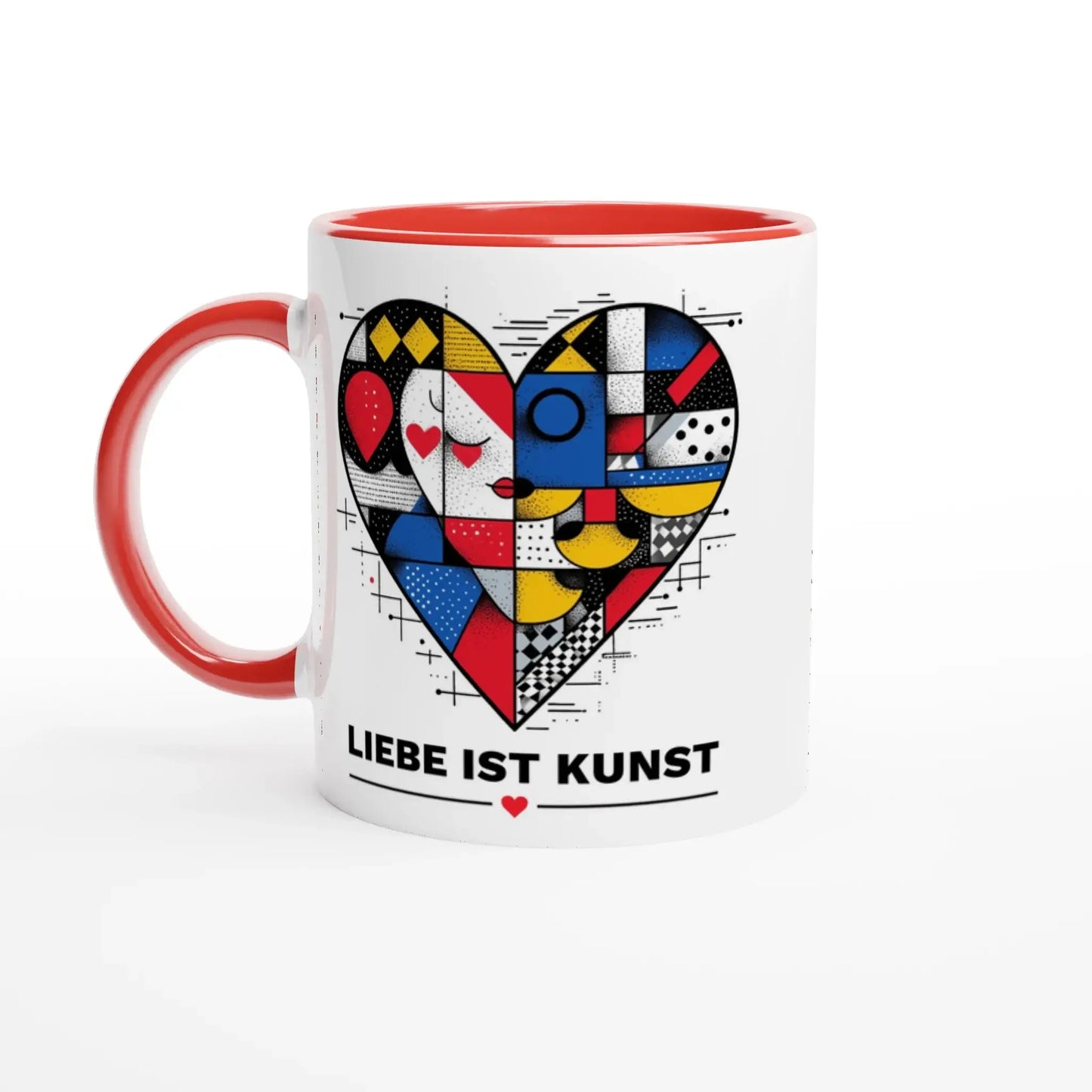 Die Tasse „Liebe ist Kunst“ von Tasse mit Herz begeistert mit kunstvollem Herzmotiv, rotem Henkel und Rand sowie dem Spruch „LIEBE IST KUNST“ – ein ideales Design-Geschenk für Kunstliebhaber.