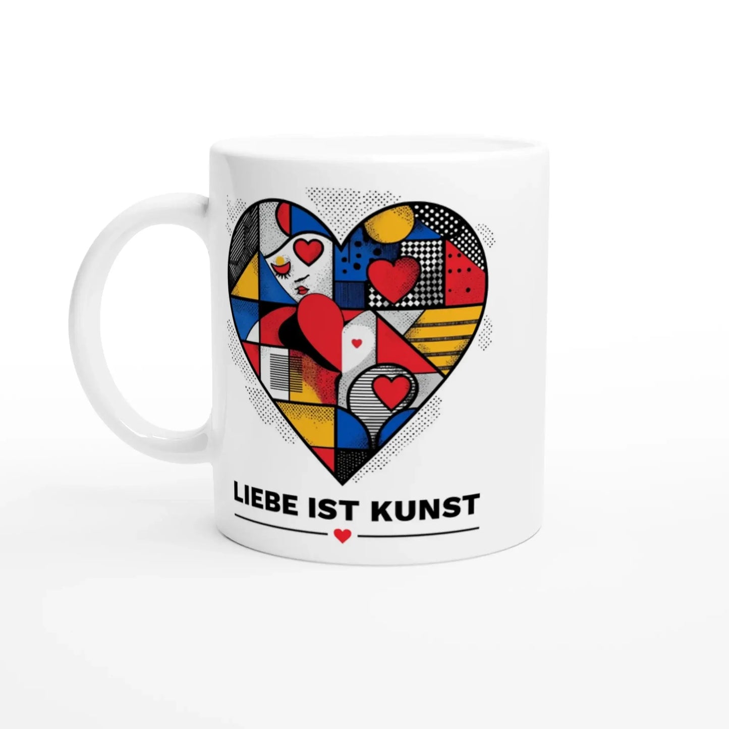 Die Tasse „Liebe ist Kunst“ von Tasse mit Herz präsentiert ein buntes, geometrisches Herzmotiv mit roten Herzen und dem Schriftzug „LIEBE IST KUNST“. Perfektes Geschenk für alle, die Liebe und Kunst vereinen möchten.