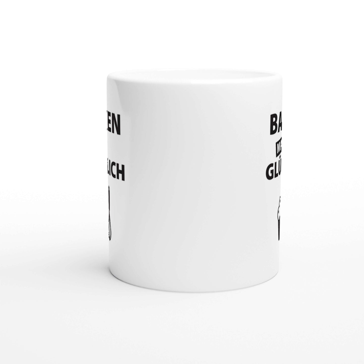Seitenansicht der weiĂen Tasse mit Backen-macht-glĂźcklich-Design