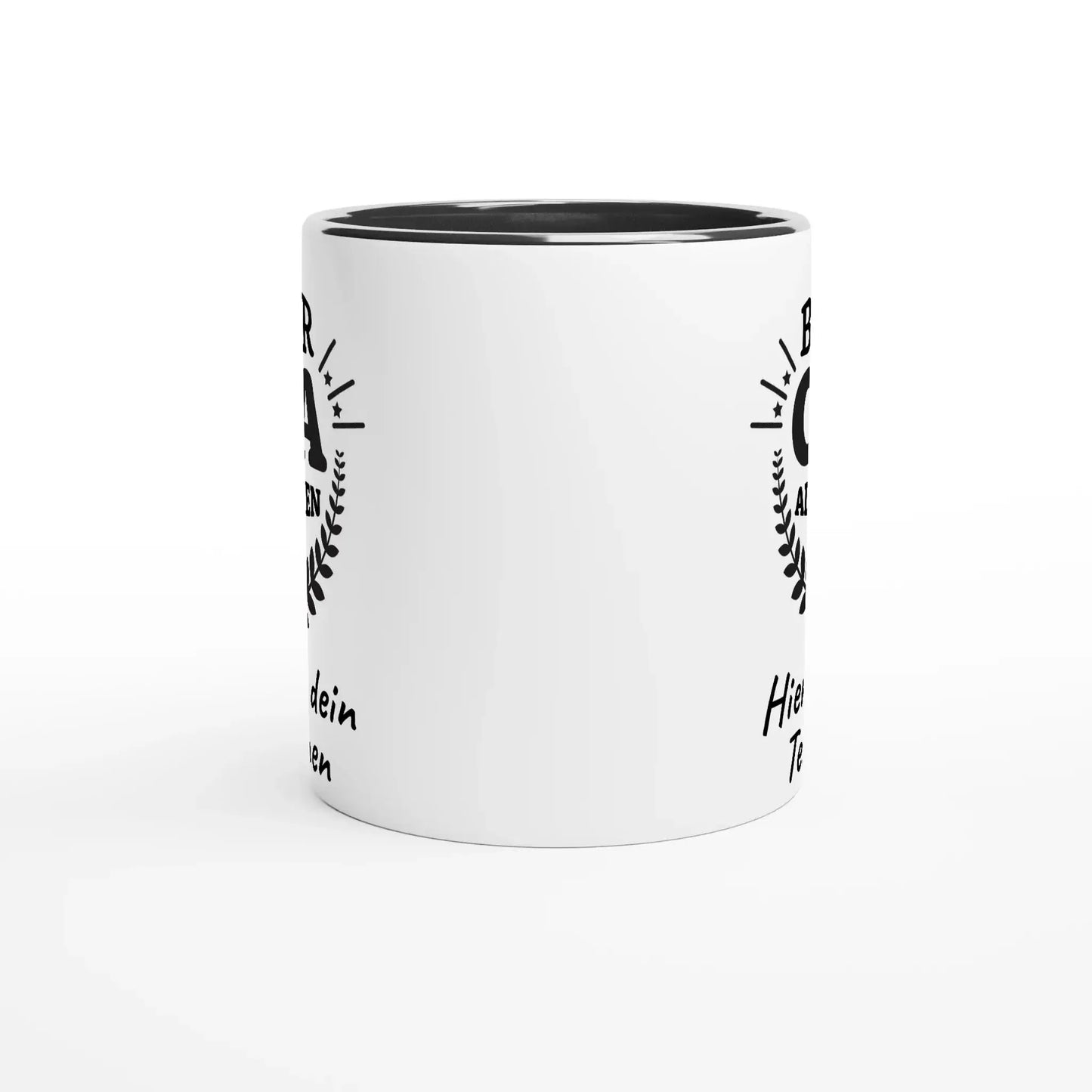 This white Tasse mit Herz mug has a black rim and features German text with small graphics like a wreath and heart. The 🏆 Tasse „Bester Opa aller Zeiten“ – Mit persönlicher Widmung makes it a perfect gift for Opa.