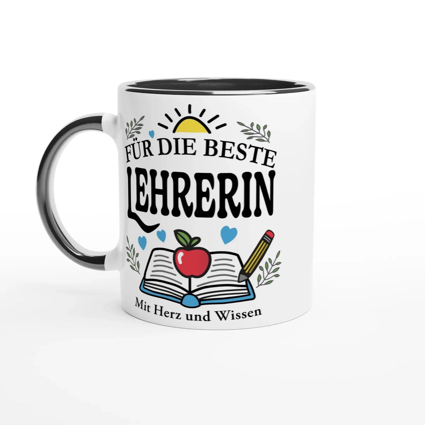The Tasse âFĂŒr die beste Lehrerinâ by Tasse mit Herz features bold black text, an open book with a red apple and pencil, surrounded by blue hearts, leafy branches, and a sun. Mit Herz und Wissen is inscribed at the bottom, making it an ideal Geschenk for any mug collection.