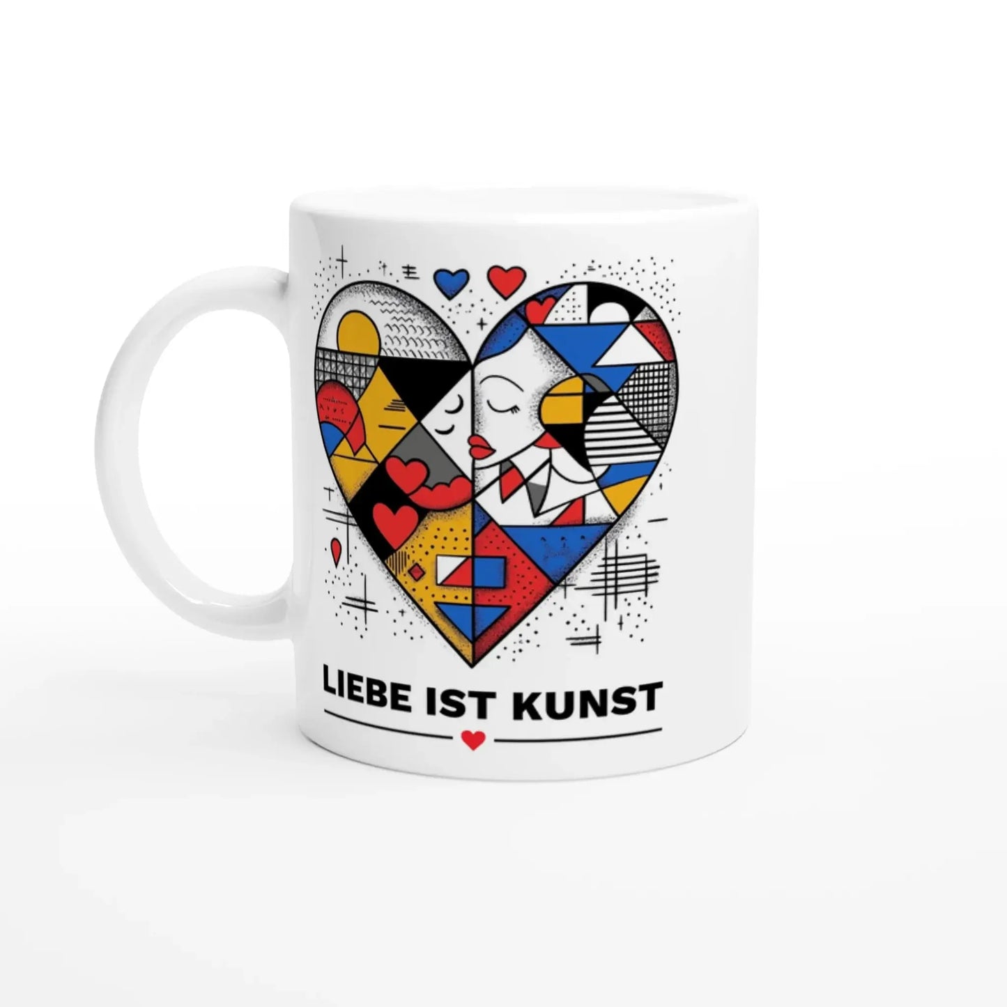 Die Tasse „Liebe ist Kunst“ von Tasse mit Herz zeigt ein kunstvolles Herzmotiv mit zwei Gesichtern und dem Schriftzug „LIEBE IST KUNST“ samt kleinem roten Herz – das perfekte Geschenk für besondere Menschen.