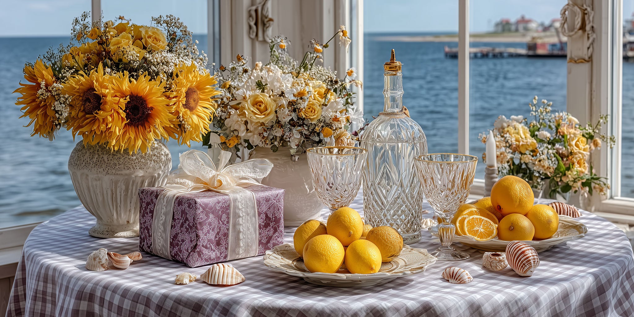 Sommerliche Geschenkbox auf Terrasse mit Tasse und Sonnenblumen, dekorativ arrangiert, warmes Licht, personalisiertes Geschenk mit Herz