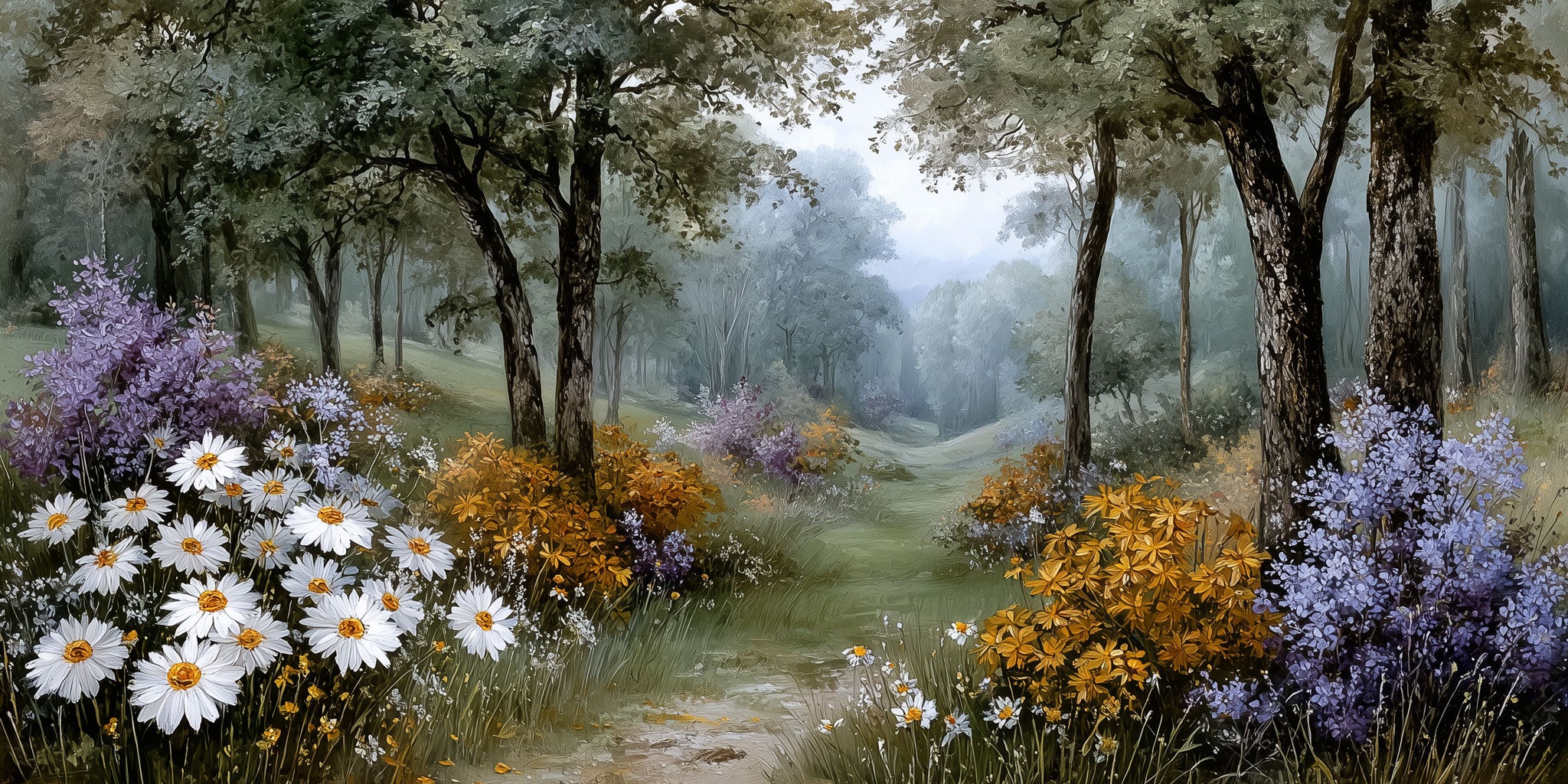 Sommerliche Waldszene mit Blumen und Sonnenlicht
