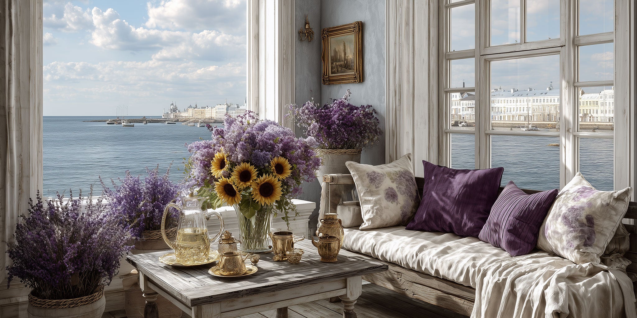 Skandinavisches Sommer-Interior mit Tasse auf Holztisch, hellem Tageslicht und floralen Details