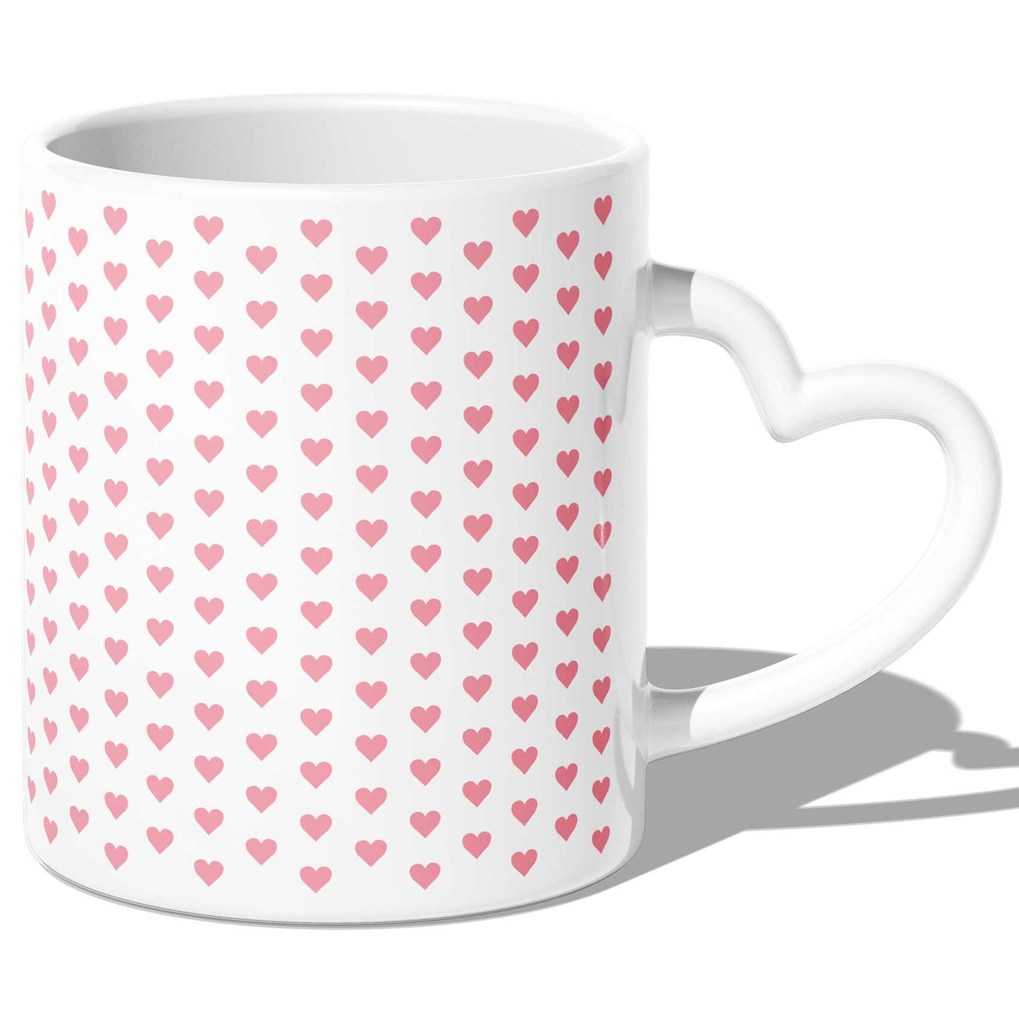 Tasse mit Herzhenkel und rosa Herzmuster, rundum bedruckt und ideal für den Valentinstag.