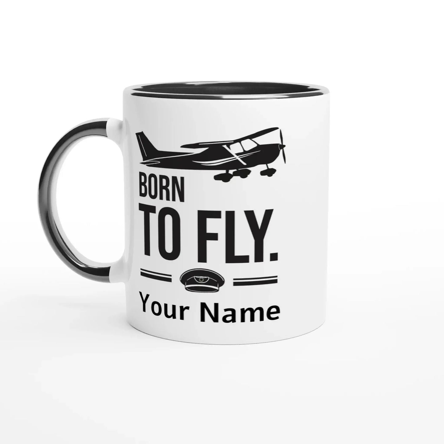 Personalisierte Fliegertasse mit Flugzeuggrafik und Pilotenmütze – stilvolles Luftfahrt-Motiv auf weißer Kaffeetasse