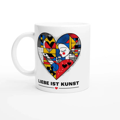 Die Tasse „Liebe ist Kunst“ von Tasse mit Herz besticht durch ein buntes, abstraktes Herzmotiv mit geometrischen Formen und Gesichtern sowie dem Schriftzug „LIEBE IST KUNST“. Ein kreatives Design-Geschenk für besondere Anlässe.