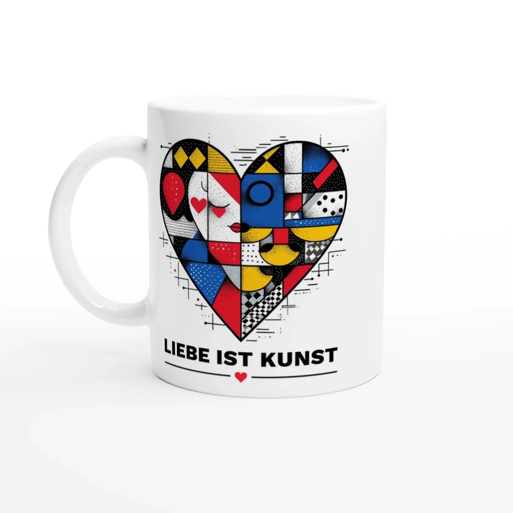 Die Tasse „Liebe ist Kunst“ von Tasse mit Herz zeigt ein kunstvolles buntes Herz und darunter in Schwarz „LIEBE IST KUNST“ mit kleinem roten Herz – ein kreatives Design-Geschenk für besondere Anlässe.