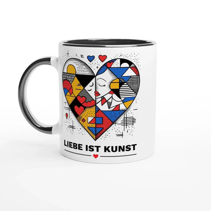 Tasse mit Herz: Tasse „Liebe ist Kunst“ – kunstvolles Herzmotiv mit abstrakten Formen, sich küssenden Gesichtern und schwarzem Henkel. Perfektes Geschenk für Kunstliebhaber!.
