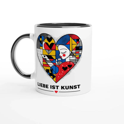Die Tasse „Liebe ist Kunst“ von Tasse mit Herz ist ein stilvolles Design-Geschenk mit schwarzem Henkel, kunstvollem Herzmotiv und abstraktem Gesicht – ideal für Kunstliebhaber.
