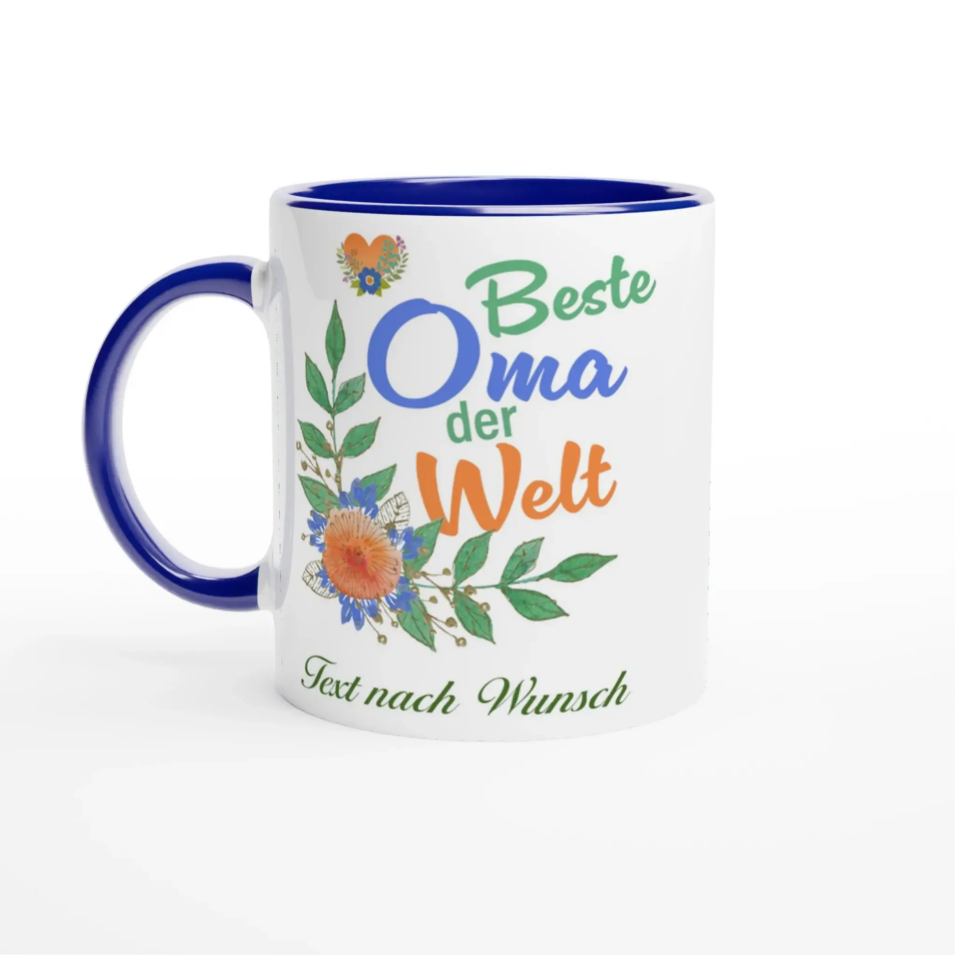 Brand: Tasse mit Herz presents Tasse Beste Oma der Welt, a white mug with a blue handle, featuring vibrant text and floral designs. Customize the bottom text with Text nach Wunsch for a unique gift for your grandmother.