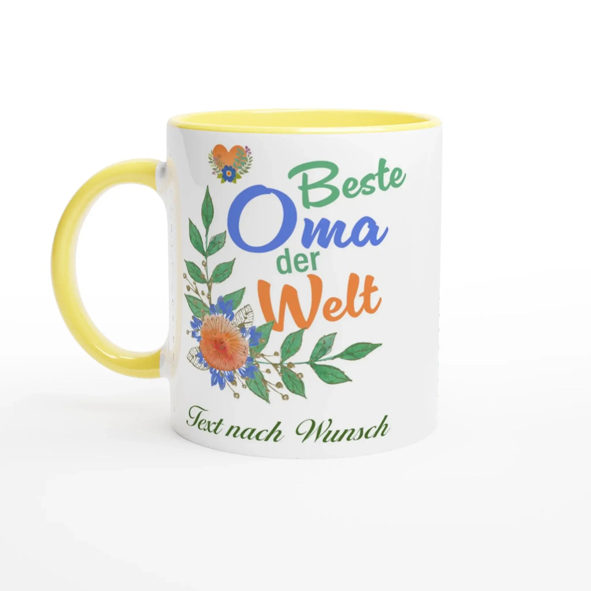 The Tasse Beste Oma der Welt by Tasse mit Herz is a charming, customizable gift for grandmothers, featuring vibrant text encircled by floral designs and space for Text nach Wunsch.