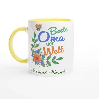 The Tasse Beste Oma der Welt by Tasse mit Herz is a charming, customizable gift for grandmothers, featuring vibrant text encircled by floral designs and space for Text nach Wunsch.