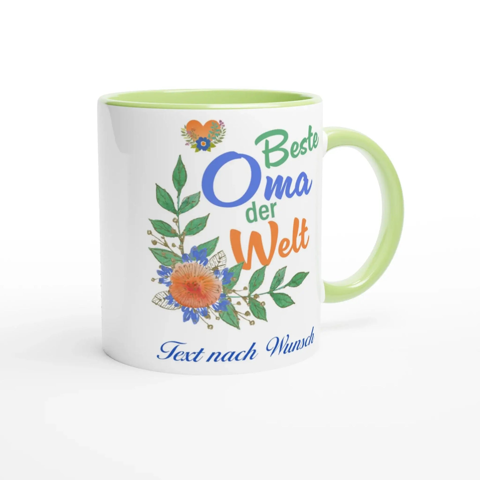 The Tasse Beste Oma der Welt by Tasse mit Herz is a white cup with a light green handle, featuring personalized German text and adorned with colorful flowers and leaves, ideal for celebrating your beloved grandmother.