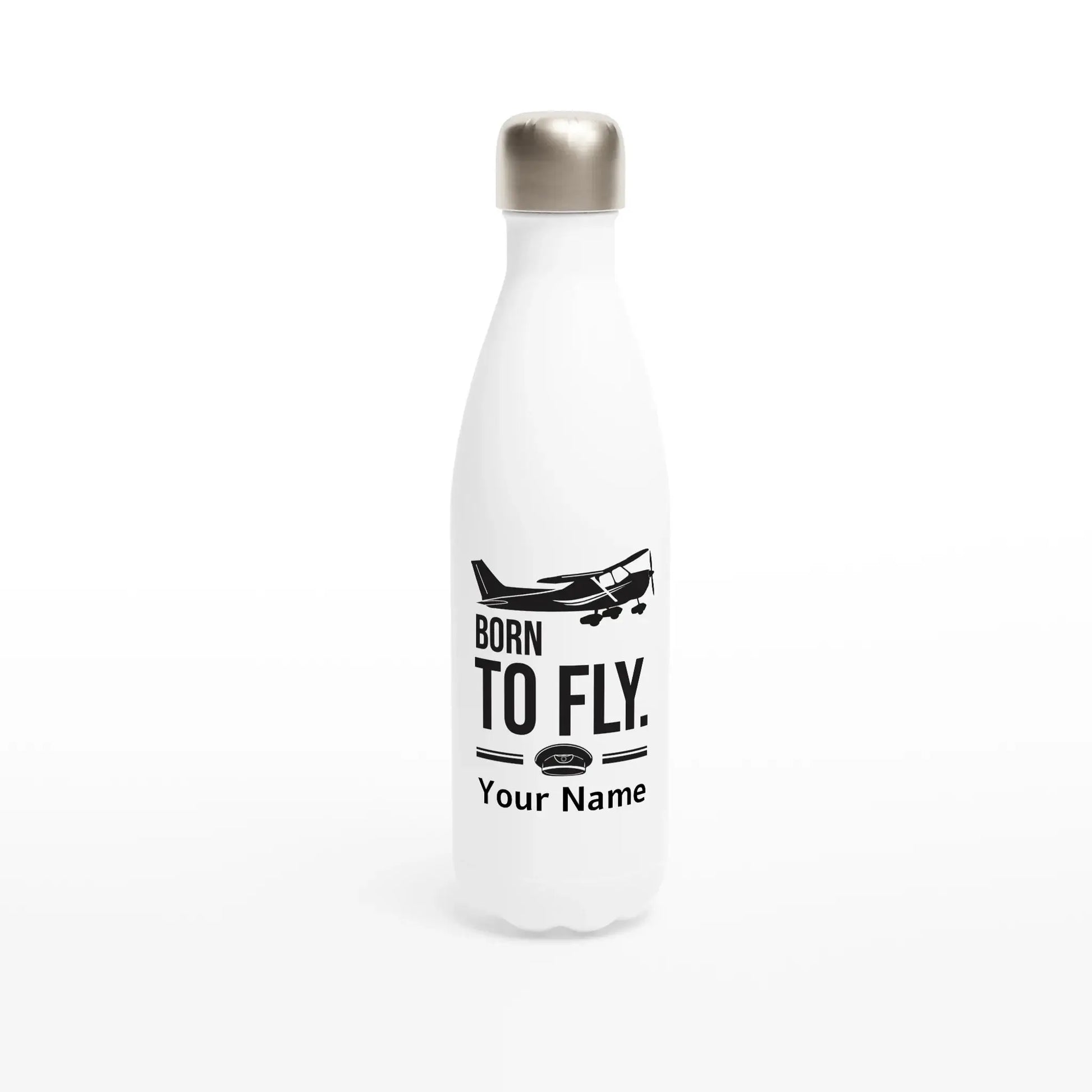 Personalisierte Edelstahl-Trinkflasche mit Flugzeug-Motiv und „Born to Fly“-Aufdruck – individuell mit Namen