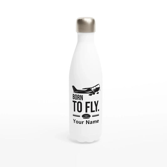 Personalisierte Edelstahl-Trinkflasche mit Flugzeug-Motiv und „Born to Fly“-Aufdruck – individuell mit Namen