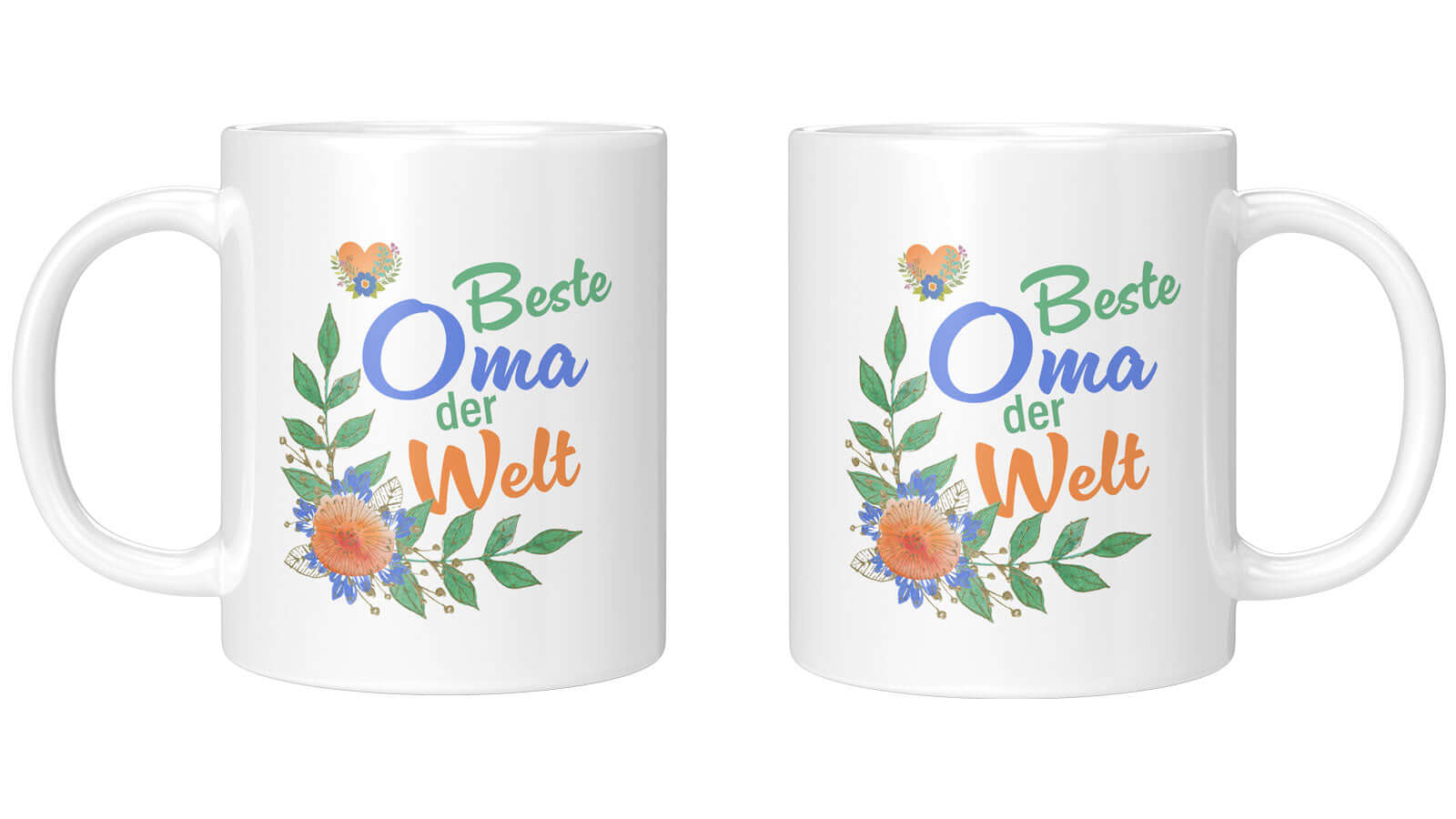 Keramiktasse mit Schriftzug "Beste Oma der Welt", Blumen und Herzmotiv