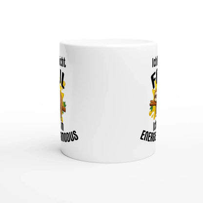 Der humorvoller Kaffeebecher „Ich bin nicht faul“ von Tasse mit Herz zeigt einen Cartoon-Burger mit Augen und Armen, der ein Getränk hält und einen Daumen nach oben zeigt, mit deutschem Text: Ich bin enorm und ich bin energiegeladen! Ideal für jeden Anlass.