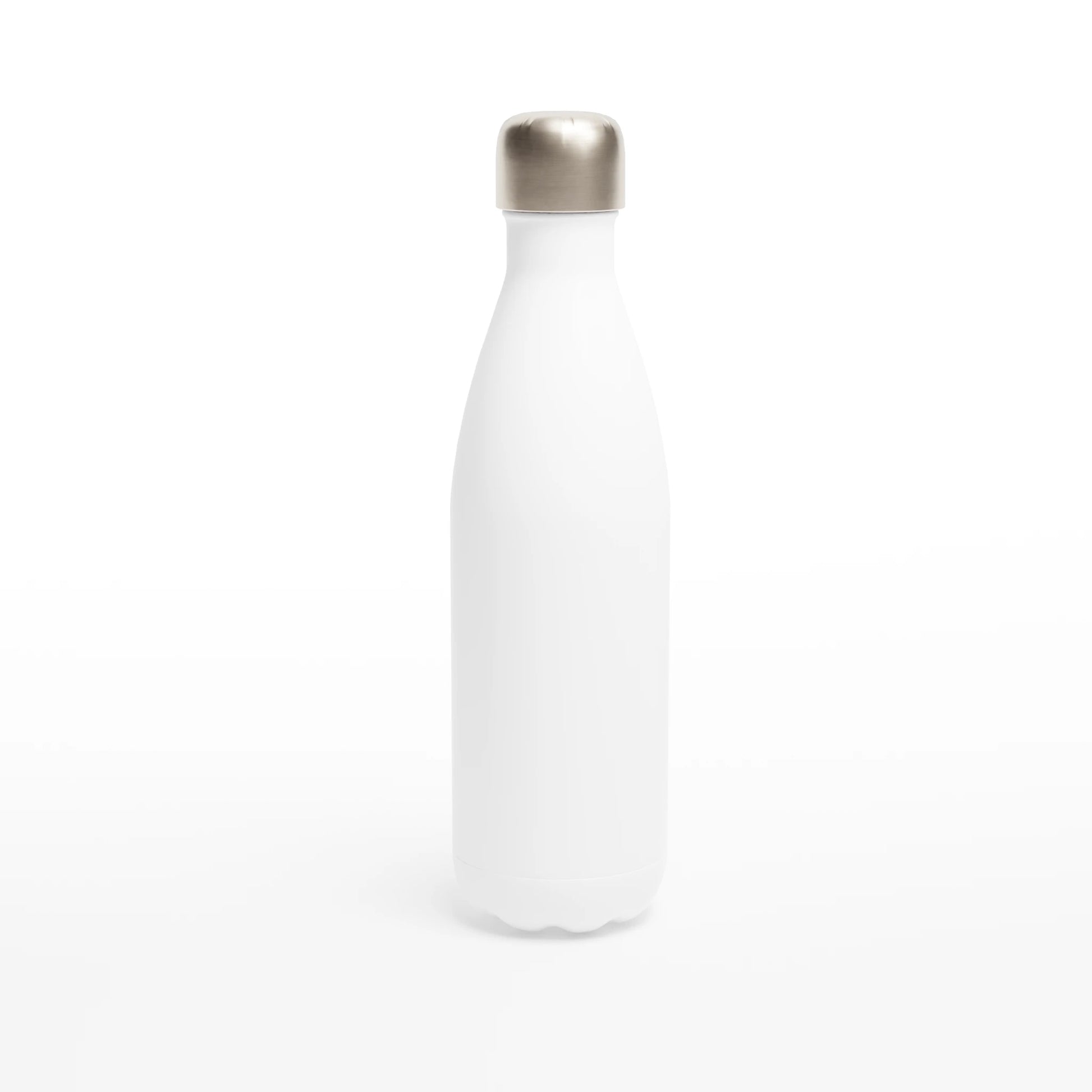 Personalisierte Edelstahl-Trinkflasche in Weiß mit silbernem Deckel, ideal für Sportler und umweltbewusste Käufer.