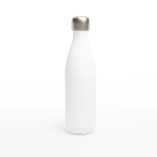 Personalisierte Edelstahl-Trinkflasche in Weiß mit silbernem Deckel, ideal für Sportler und umweltbewusste Käufer.