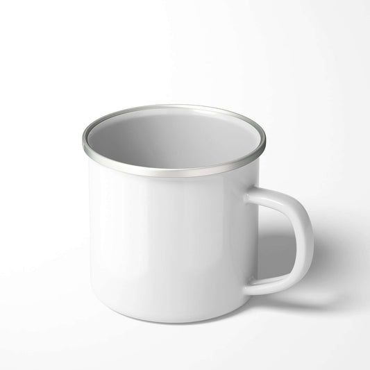 Emaille Tasse im Retro-Look mit Edelstahlrand – personalisierbar mit Foto, Logo oder Spruch