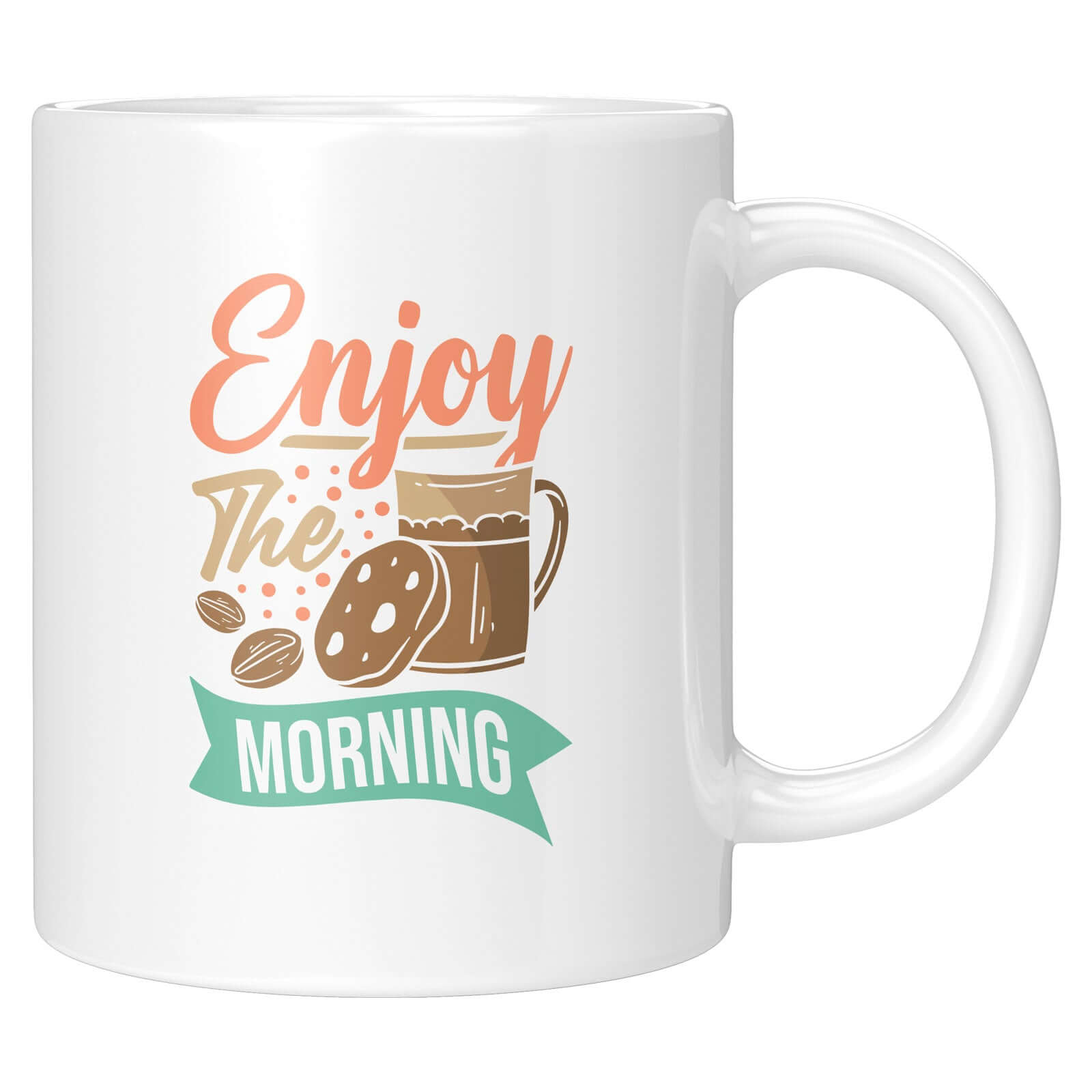 Detailansicht der Tasse „Enjoy The Morning“ mit Handlettering und Retro-Illustrationen.