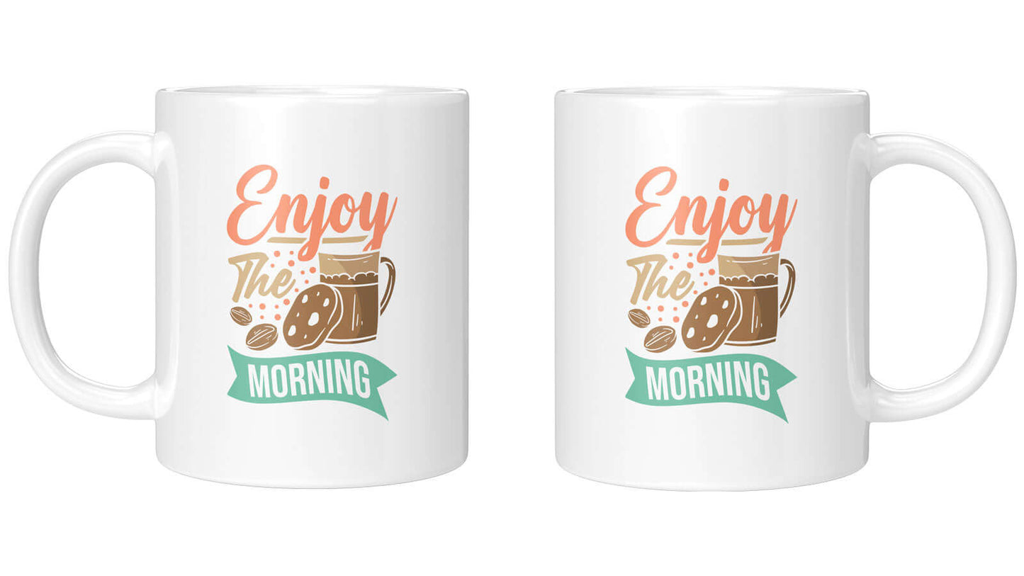 Handlettering-Tasse „Enjoy The Morning“ in Orange und Türkis, Retro-Design, ideal für den Start in den Tag.