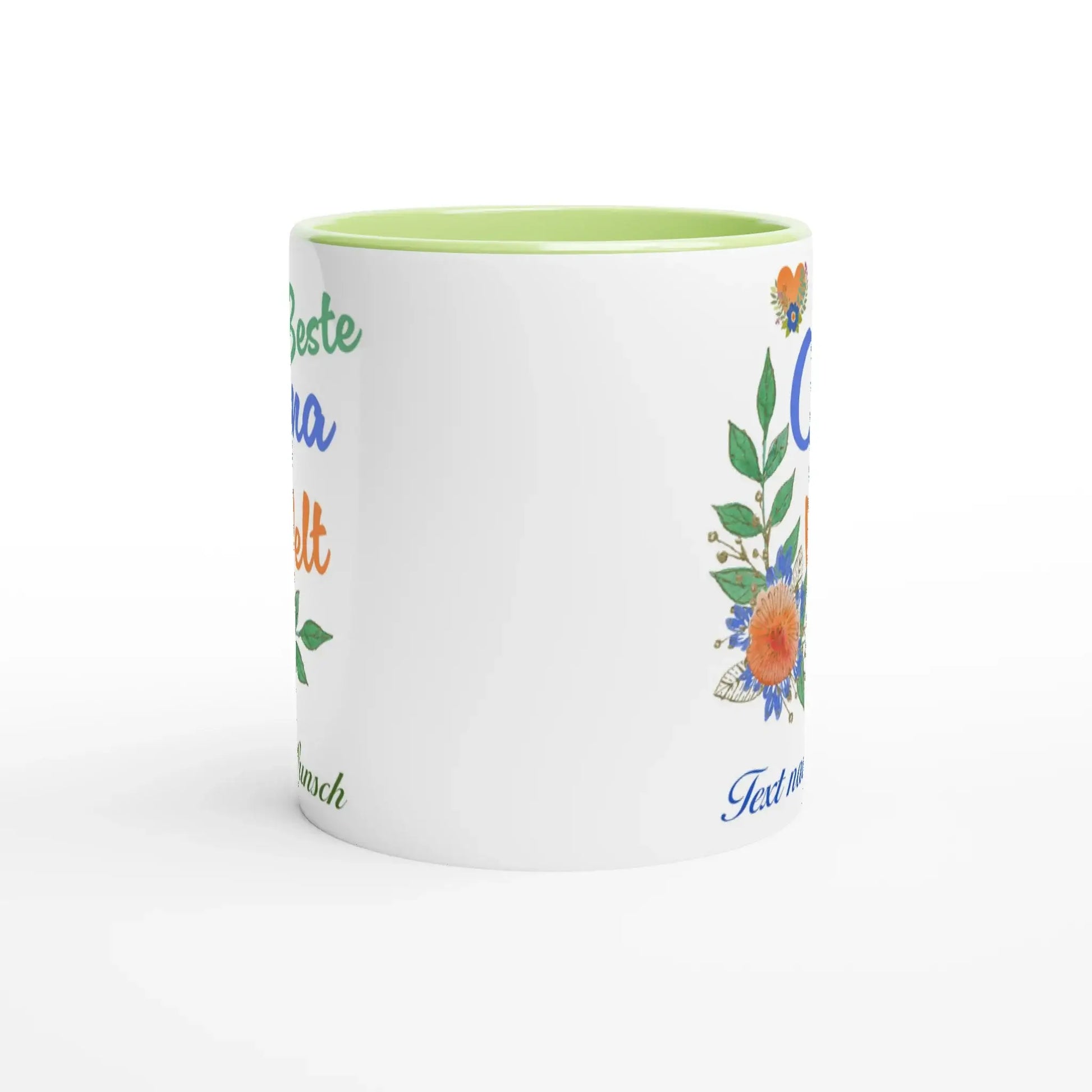 The Tasse Beste Oma der Welt by Tasse mit Herz is a white mug with a green interior, featuring colorful floral designs and German text. Its the perfect Geschenk, with blue and orange leaves and flowers for added decor.