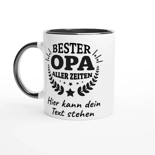 The 🏆 Tasse „Bester Opa aller Zeiten“ by Tasse mit Herz features a white exterior with a black interior and handle, adorned with stars and laurels. Personalize it with your own text for a unique gift for your beloved Opa.