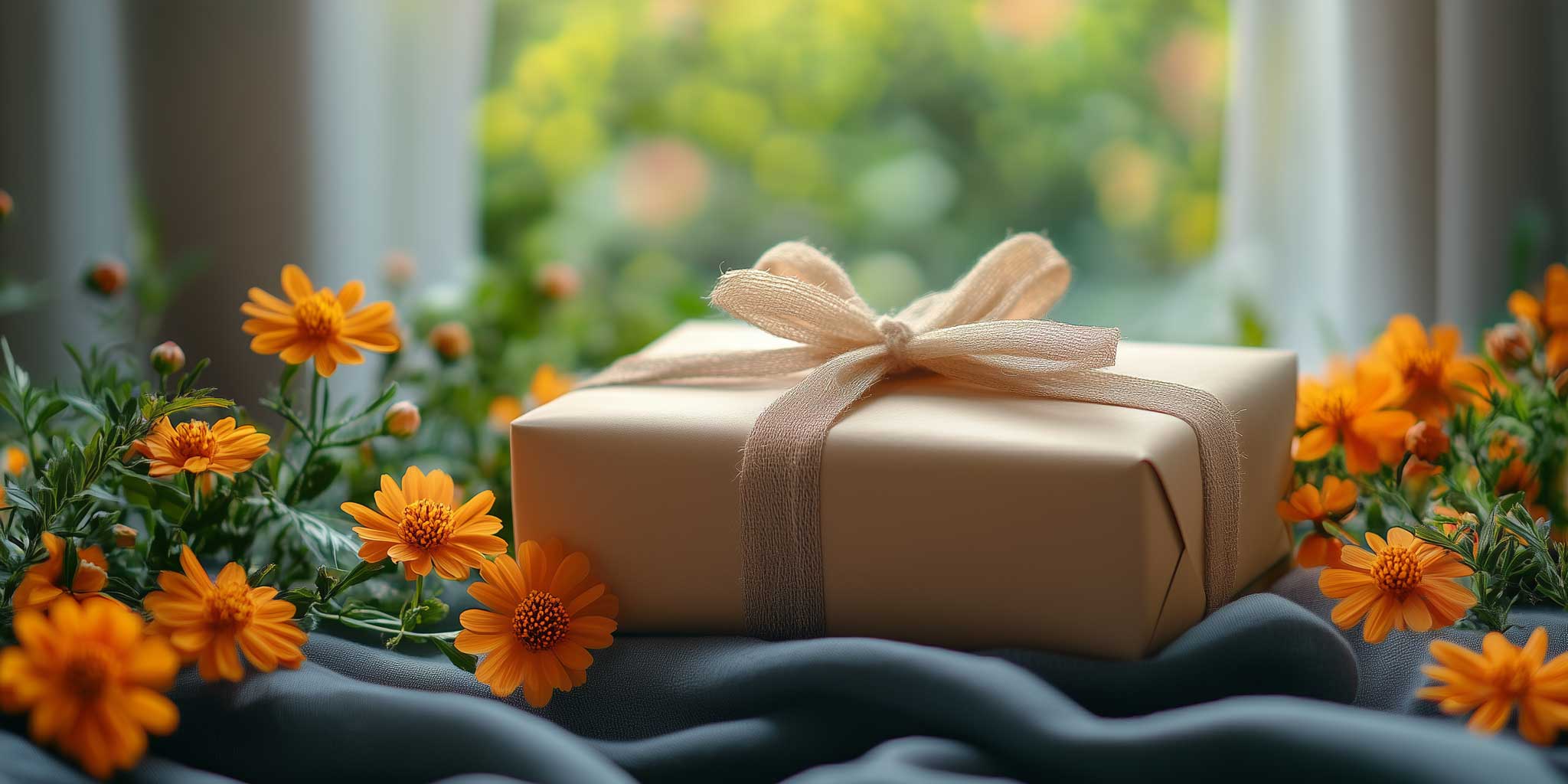 Liebevoll verpacktes Geschenk mit Frühlingsblumen in warmen Orangetönen, platziert auf einer Fensterbank