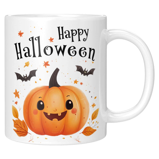 Happy Halloween Tasse mit Kürbis-Design, umgeben von Fledermäusen, Sternen und Herbstblättern. Perfekt für All Hallows’ Eve und Gruselnacht!