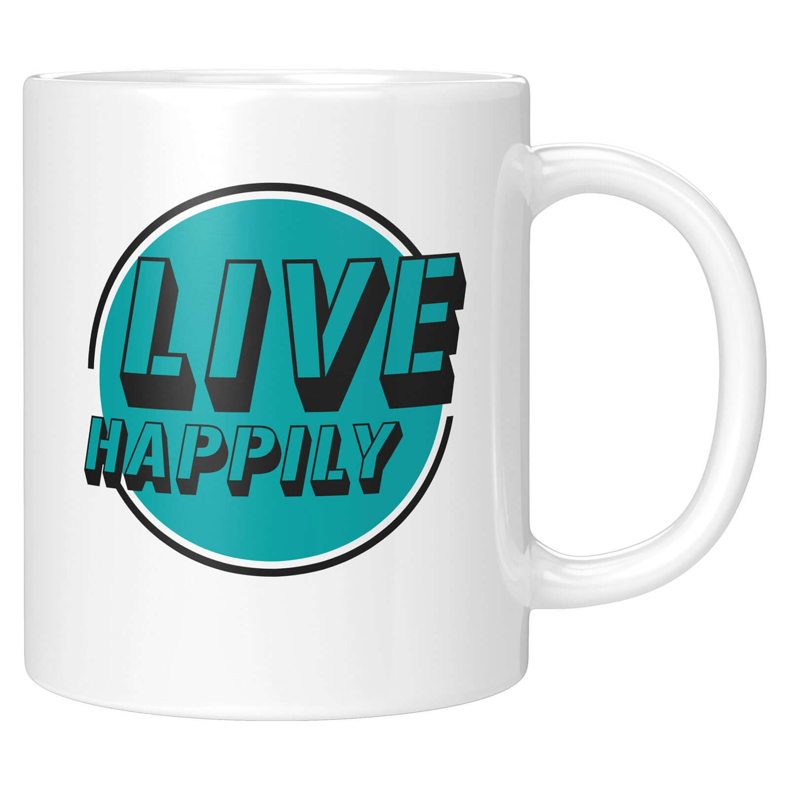 Detailansicht der Tasse „Live Happily“ im modernen Design mit Kontrast zwischen Türkis und Weiß.