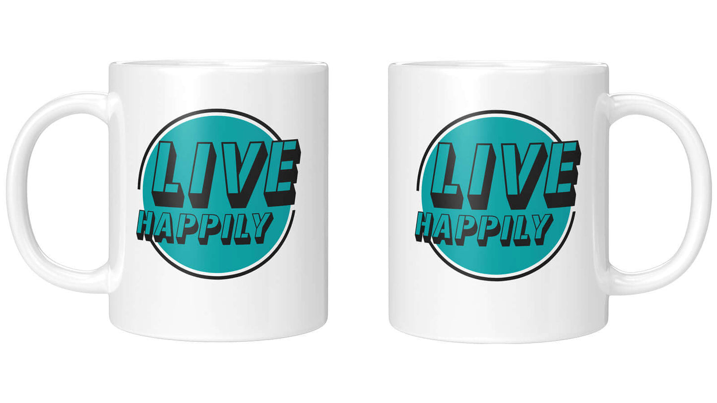 Inspirierende Tasse „Live Happily“ mit markantem türkisfarbenem Kreis und Stencil-Schrift, ideal für positive Gedanken.