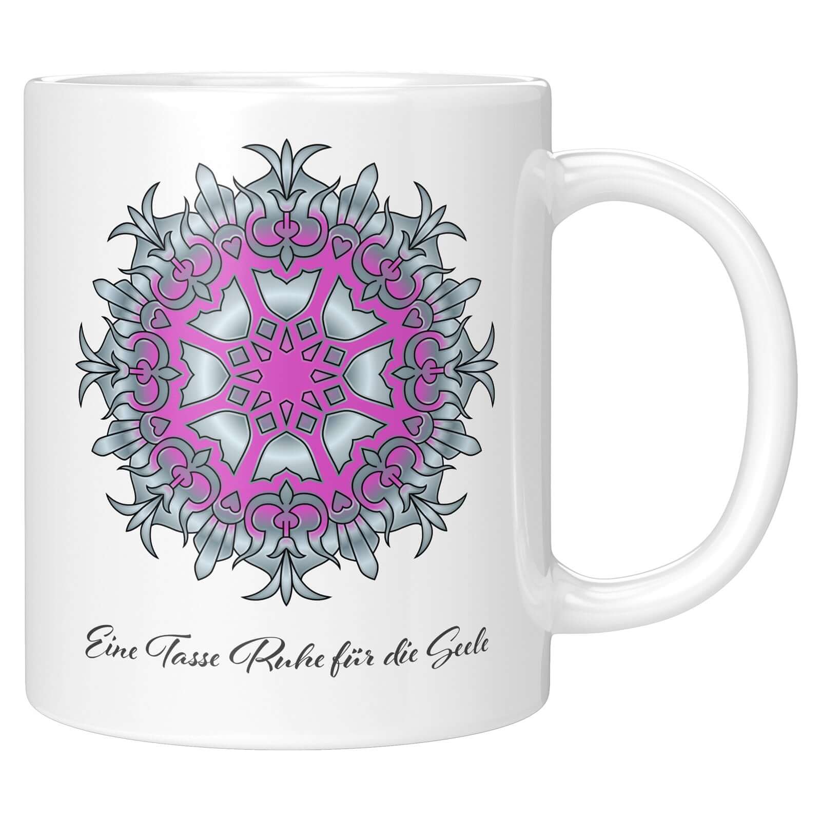 Personalizable mug with soothing mandala design and "Eine Tasse Ruhe für die Seele" text, ideal for self-care moments.
