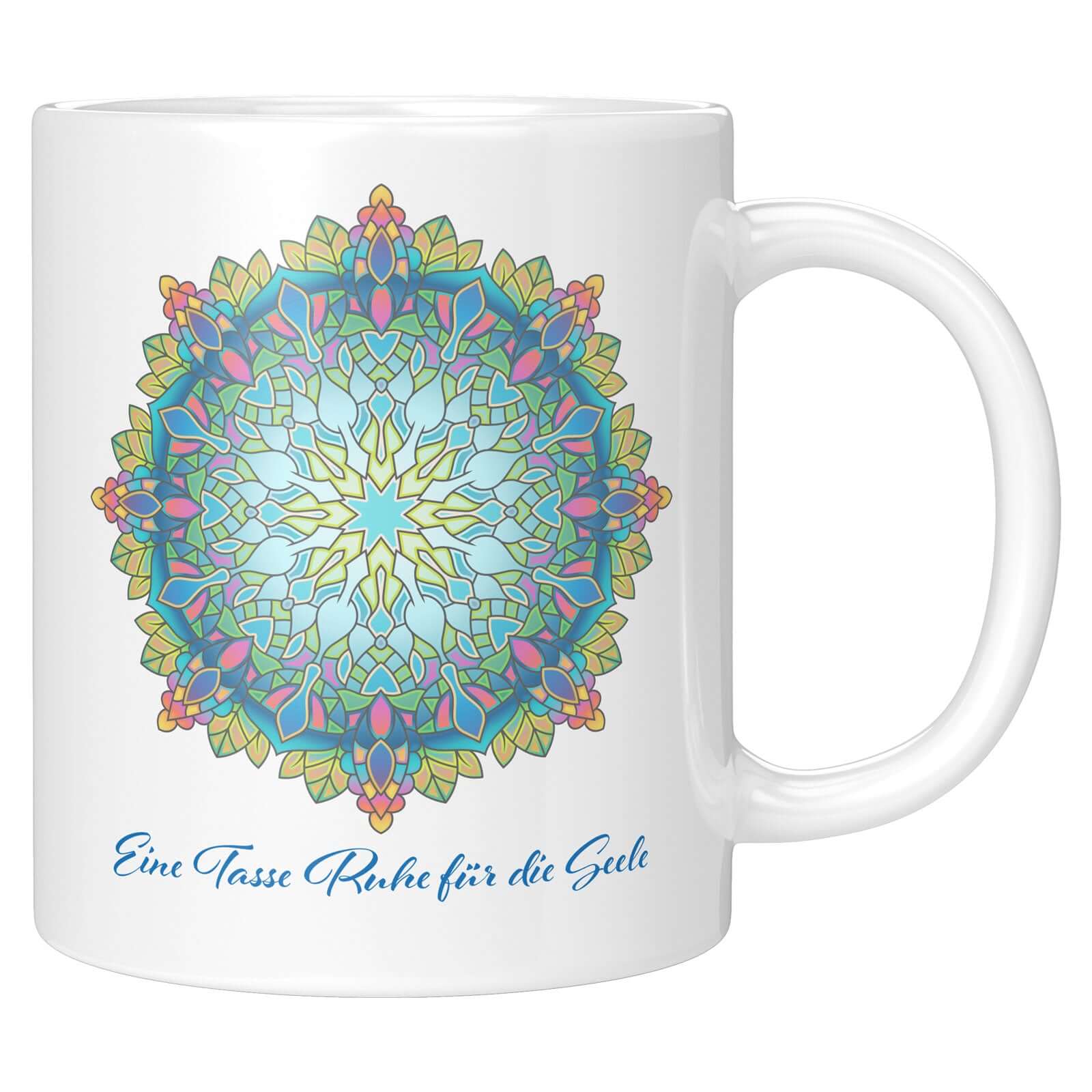 Personalizable mug with colorful mandala design and German phrase "Eine Tasse Ruhe für die Seele," perfect for self-care moments.