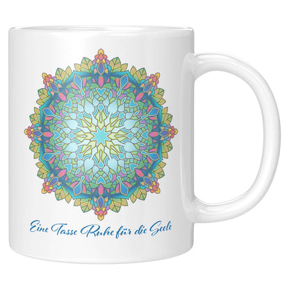 Personalizable mug with colorful mandala design and German phrase "Eine Tasse Ruhe für die Seele," perfect for self-care moments.