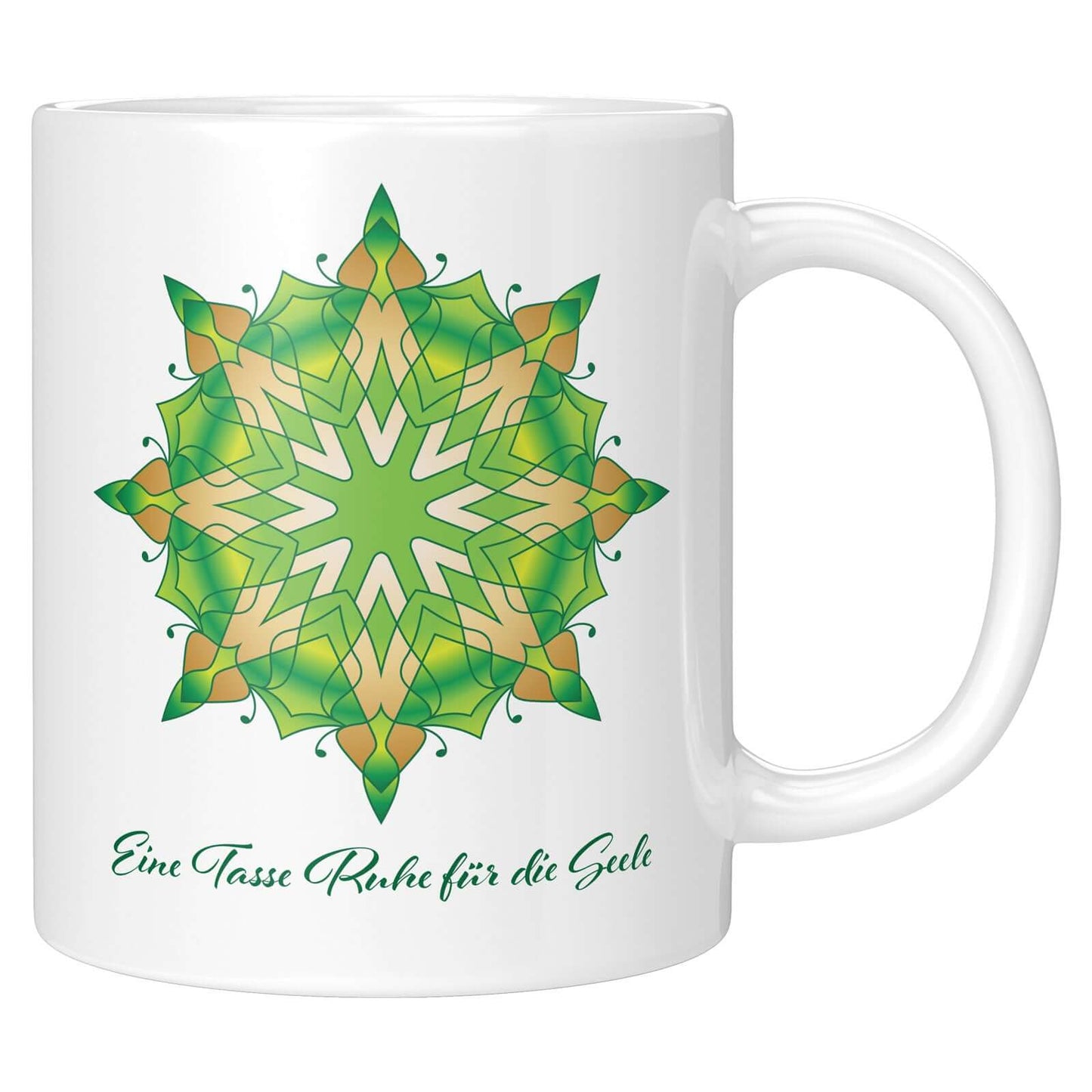 Mandala design mug with customizable text "Eine Tasse Ruhe für die Seele" for a personalized self-care experience.