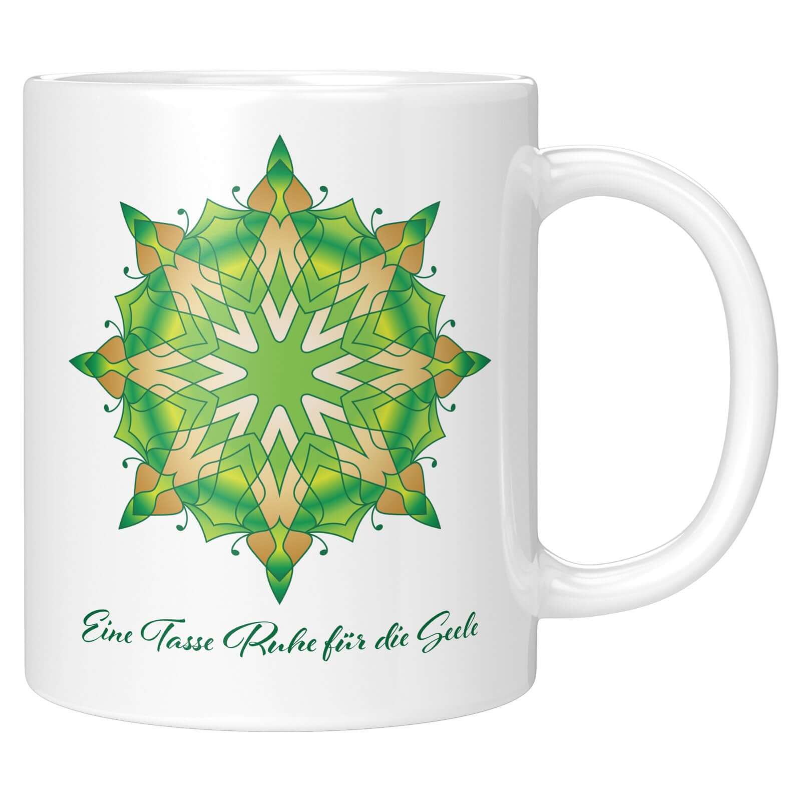 Mandala design mug with customizable text "Eine Tasse Ruhe für die Seele" for a personalized self-care experience.